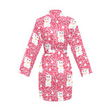 Maneki neko cat sakura pink background Women's Long Sleeve Belted Night Robe