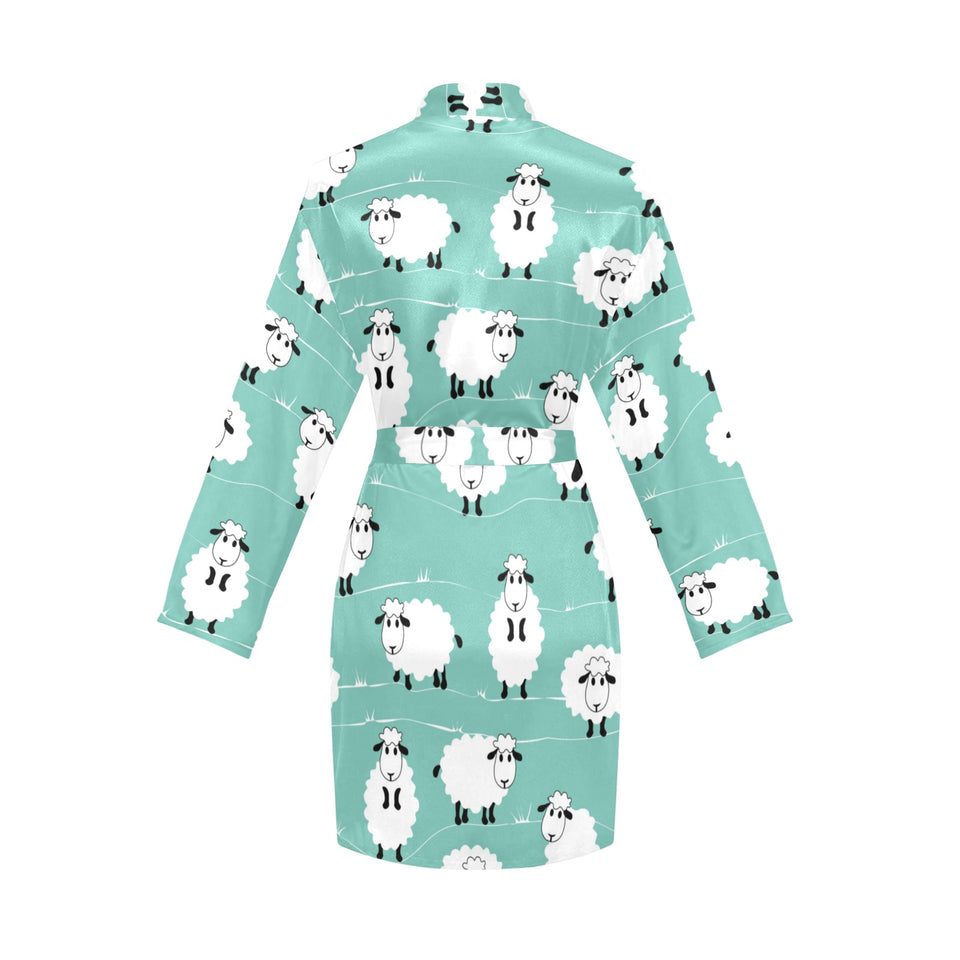 Cute sheep green background Women's Long Sleeve Belted Night Robe