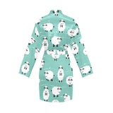 Cute sheep green background Women's Long Sleeve Belted Night Robe
