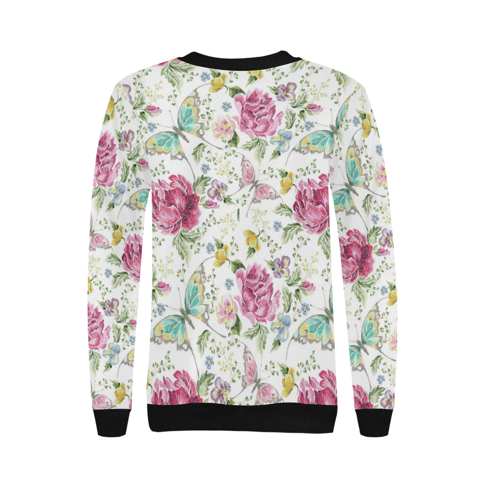 Hand drawn butterfly rose Women's Crew Neck Sweatshirt