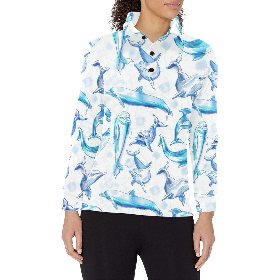 Watercolor dolphin pattern Women's Long Sleeve Polo Shirt