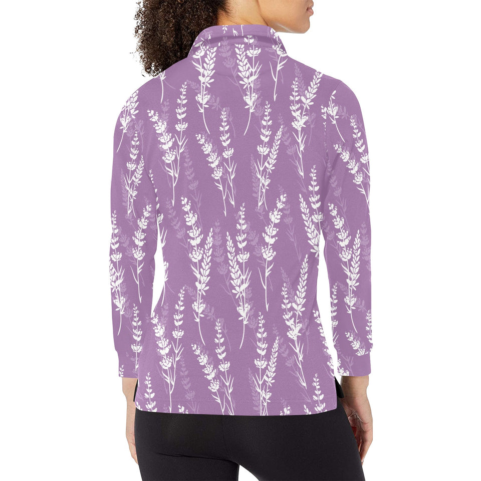 Lavender flowers purple pattern Women's Long Sleeve Polo Shirt