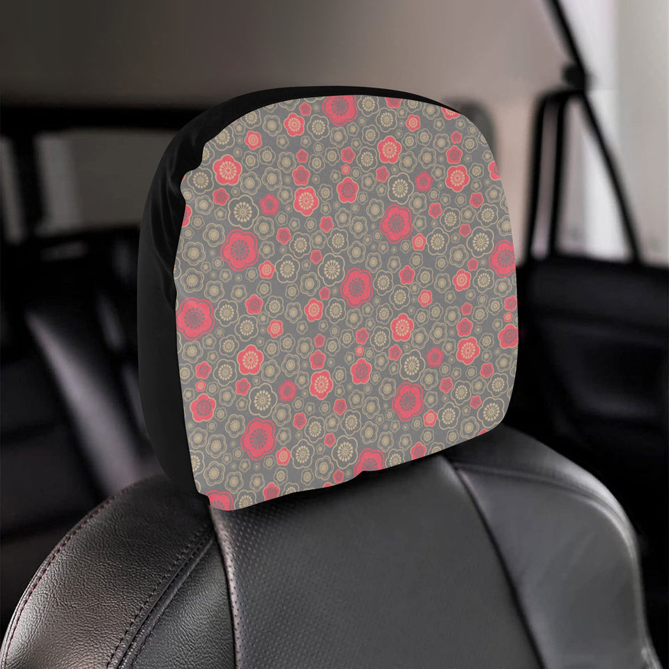 Red gold Sakura cherry blossom gray background Car Headrest Cover