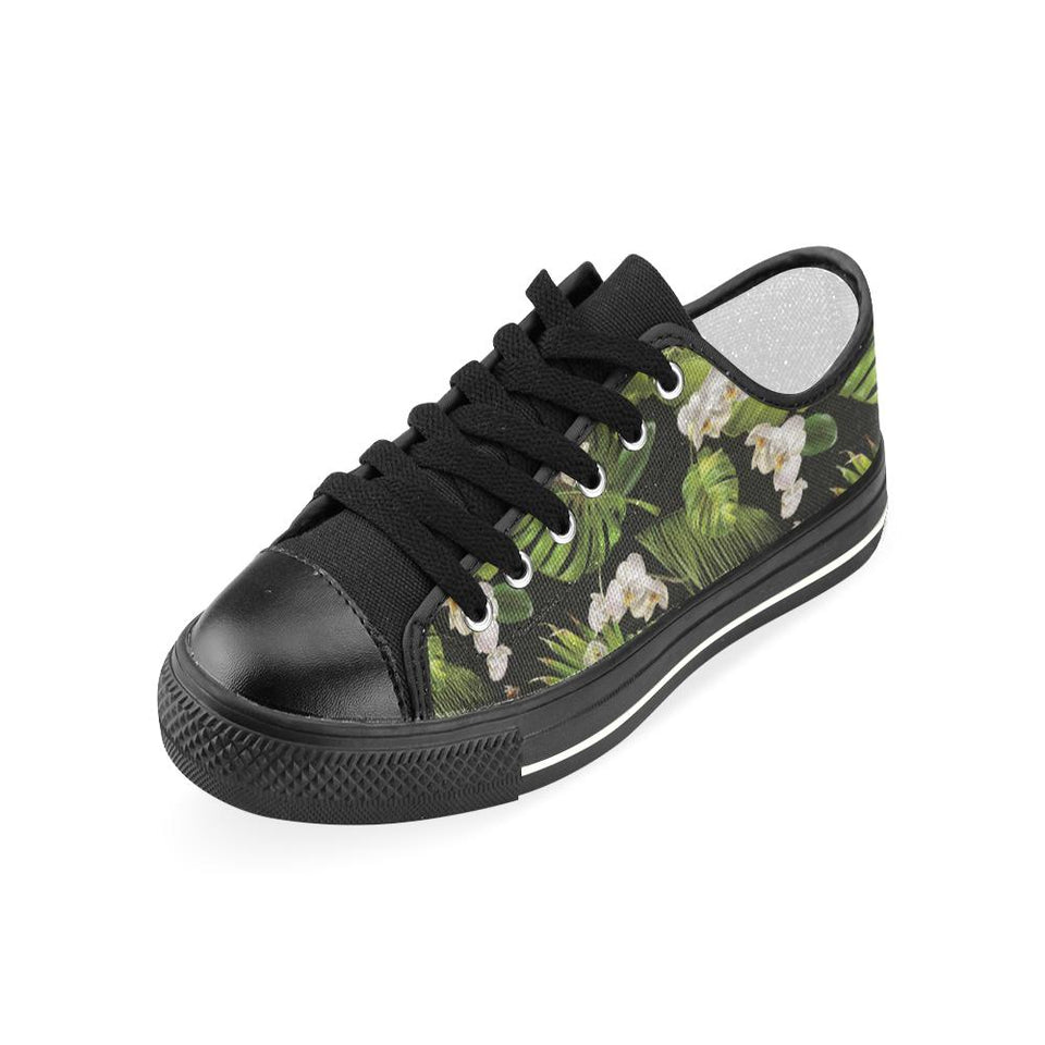 White orchid flower tropical leaves pattern blackg Kids' Boys' Girls' Low Top Canvas Shoes Black