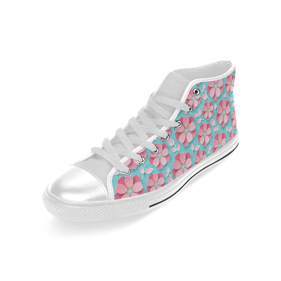 3D sakura cherry blossom pattern Men's High Top Canvas Shoes White