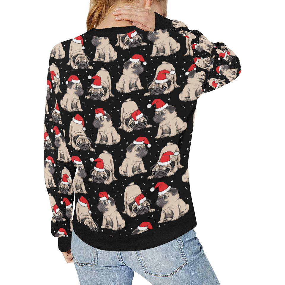 Christmas Pugs Santa_s red cap pattern Women's Crew Neck Sweatshirt