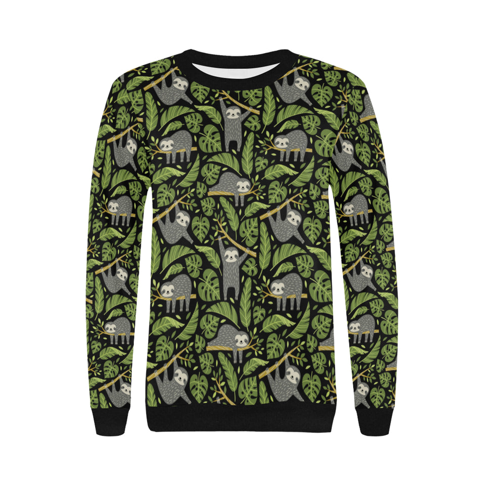 Cute sloths tropical palm leaves black background Women's Crew Neck Sweatshirt