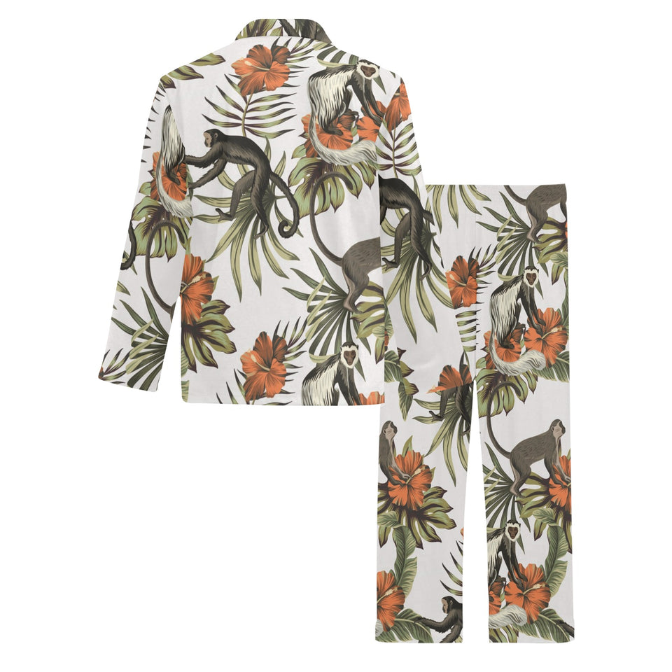 Monkey red hibiscus flower palm leaves floral patt Men's Long Pajama Set