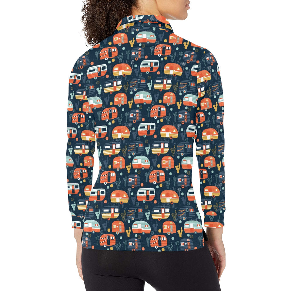 Camper Van Pattern Print Design 05 Women's Long Sleeve Polo Shirt
