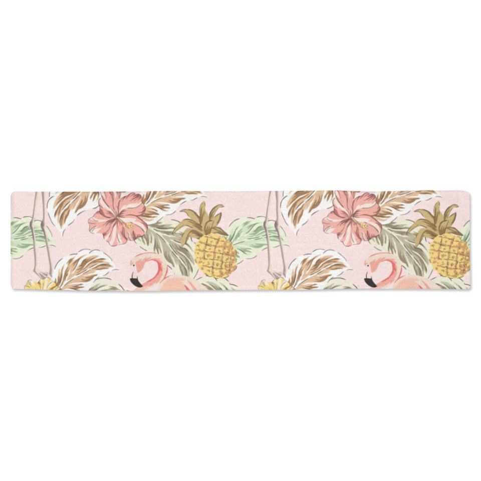 Pink flamingo birds pineapples hibiscus flower pat Table Runner