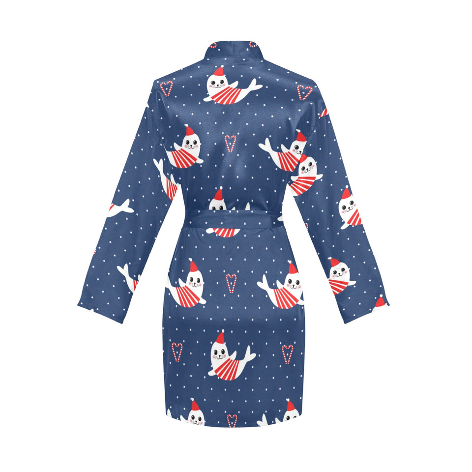 Cute sea lion seal christmas hat candy cane heart Women's Long Sleeve Belted Night Robe