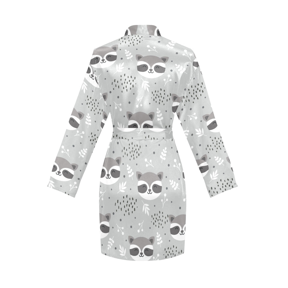Cute raccoons leaves dot Women's Long Sleeve Belted Night Robe