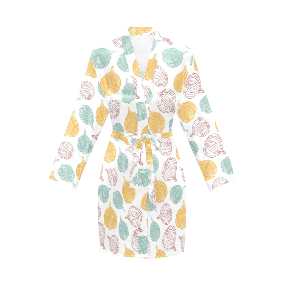 colorful onions white background Women's Long Sleeve Belted Night Robe