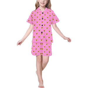 Pancake Pattern Print Design 04 Kids' Boys' Girls' V-Neck Short Pajama Set