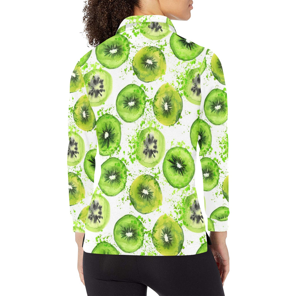 Watercolor kiwi pattern Women's Long Sleeve Polo Shirt