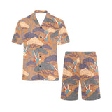 Bonsai bamboo stork japanese pattern brown theme Men's V-Neck Short Pajama Set