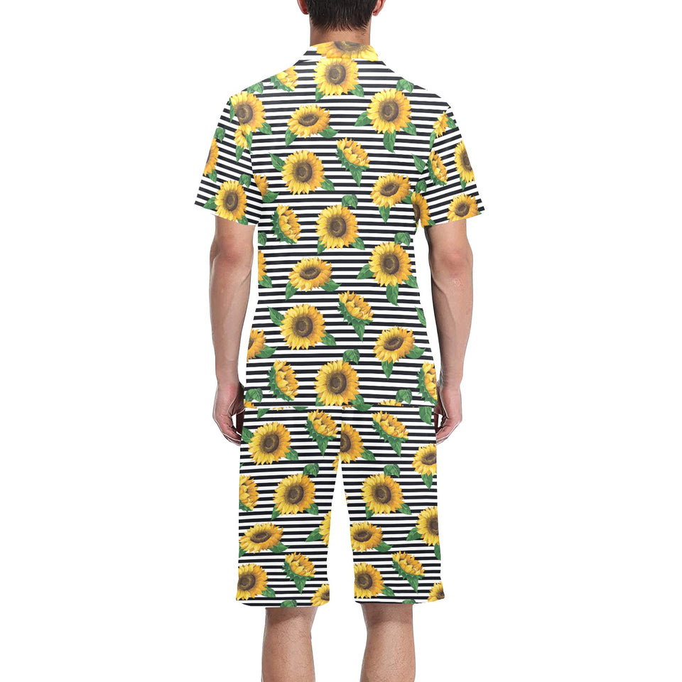 sunflowers ribbon background Men's V-Neck Short Pajama Set