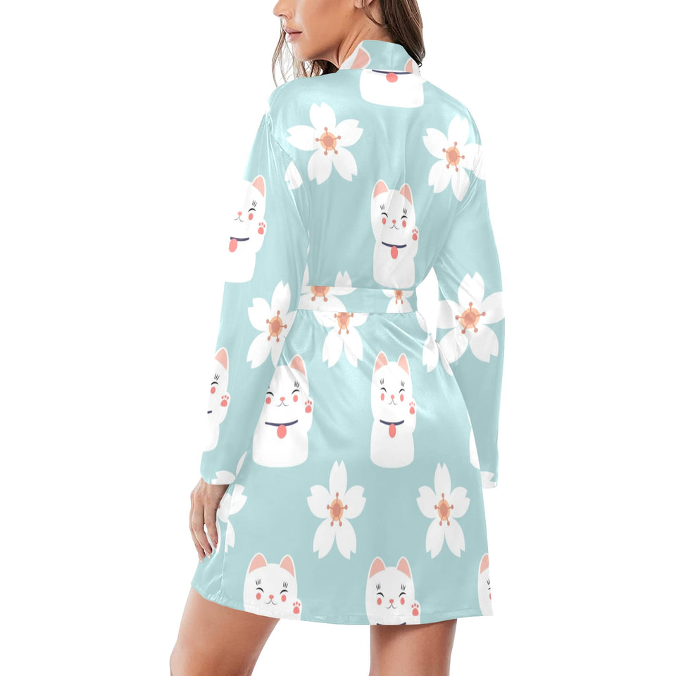 Maneki neko cat sakura Women's Long Sleeve Belted Night Robe