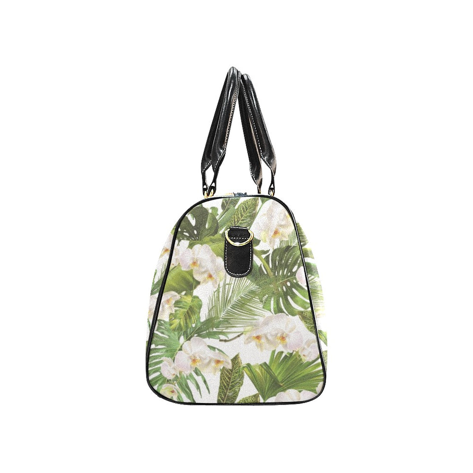 White orchid flower tropical leaves pattern Travel Bag