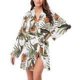 Monkey red hibiscus flower palm leaves floral patt Women's Long Sleeve Belted Night Robe