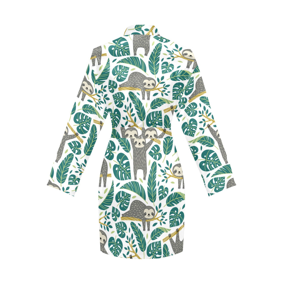 Cute sloths tropical palm leaves white background Women's Long Sleeve Belted Night Robe