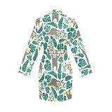 Cute sloths tropical palm leaves white background Women's Long Sleeve Belted Night Robe