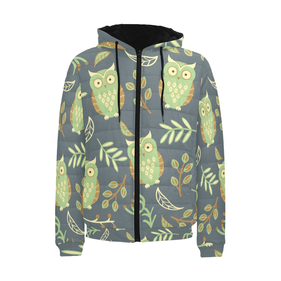 Cute owls leaves pattern Men's Padded Hooded Jacket