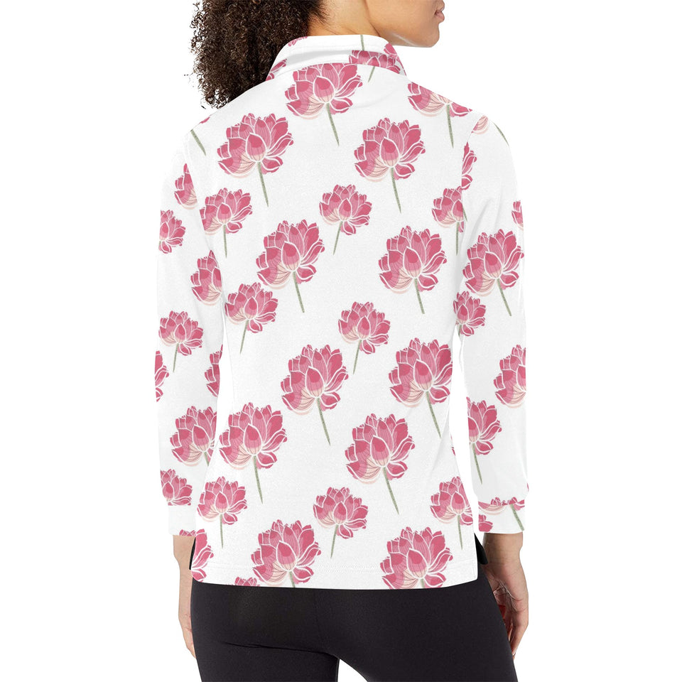 Pink lotus waterlily pattern Women's Long Sleeve Polo Shirt