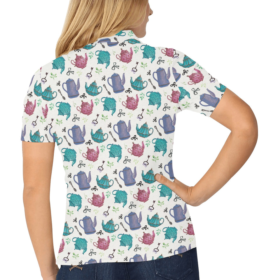 Tea pots Pattern Print Design 05 Women's All Over Print Polo Shirt