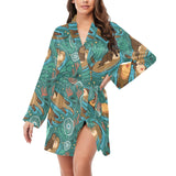 cute brown sea otters ornamental seaweed corals gr Women's Long Sleeve Belted Night Robe