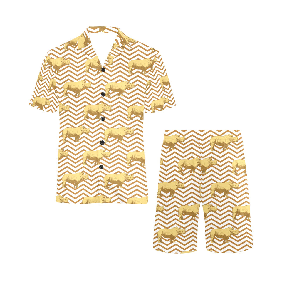 Rhino yellow theme pattern Men's V-Neck Short Pajama Set