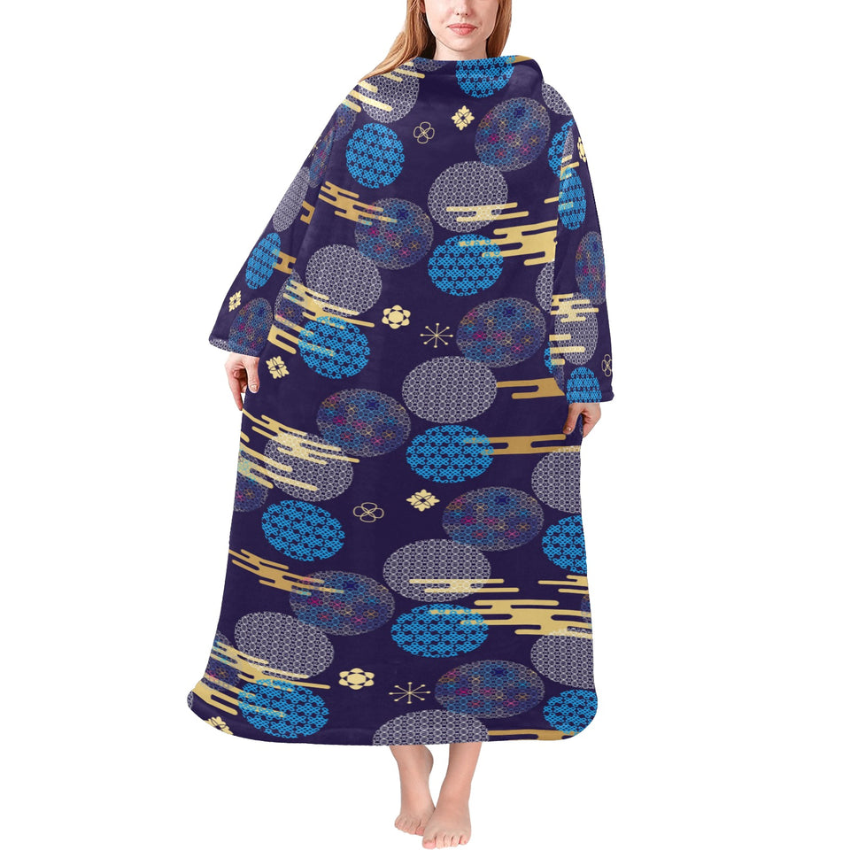 Blue japanese pattern cloud wave flower Blanket Robe with Sleeves
