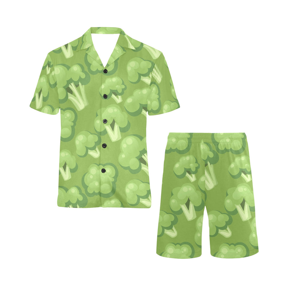 Broccoli pattern green background Men's V-Neck Short Pajama Set