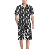 Saxophone music notes treble clef black white them Men's V-Neck Short Pajama Set