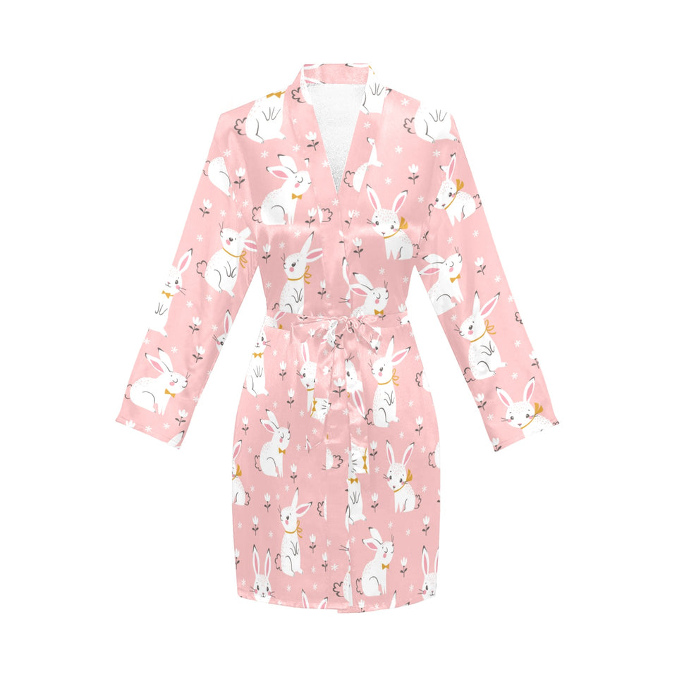 Cute white rabbit flower pink background Women's Long Sleeve Belted Night Robe