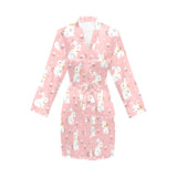 Cute white rabbit flower pink background Women's Long Sleeve Belted Night Robe