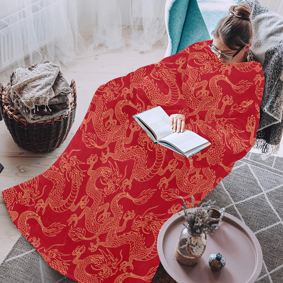 Gold dragons red background Blanket Robe with Sleeves