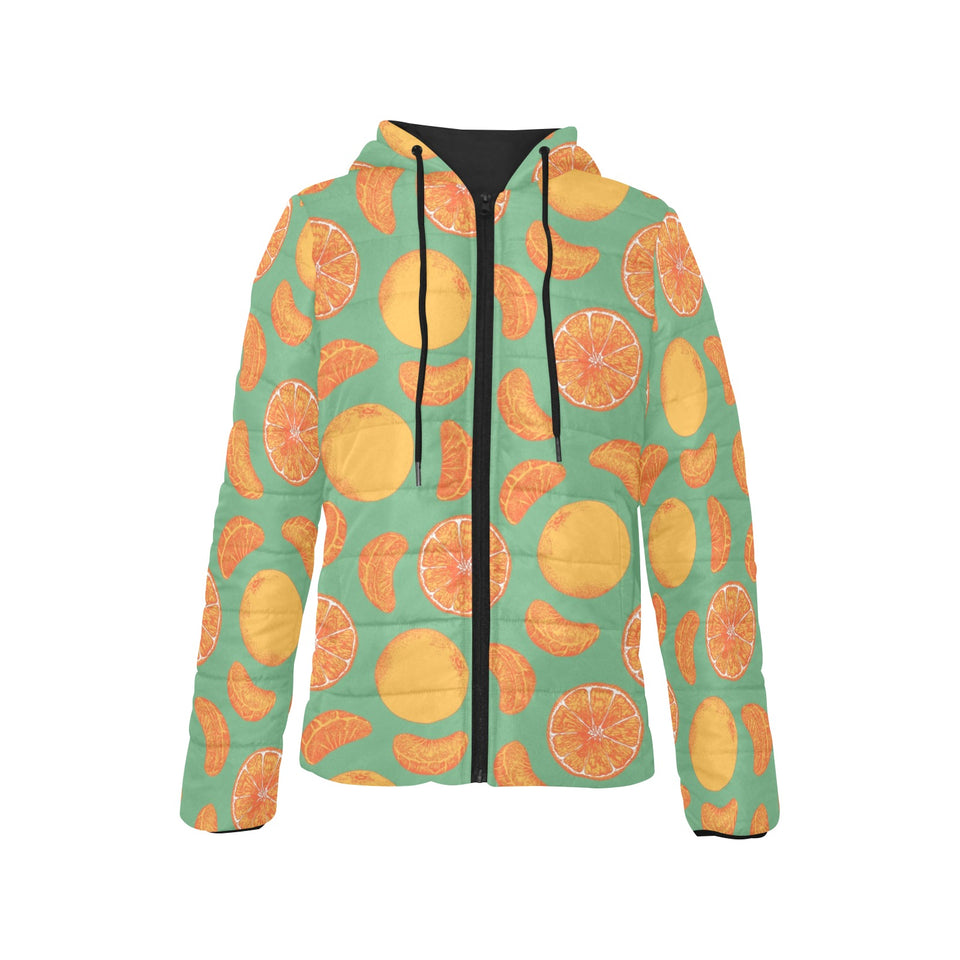 orange fruit pattern green background Women's Padded Hooded Jacket