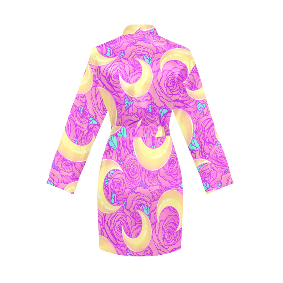 Moon pink rose background Women's Long Sleeve Belted Night Robe