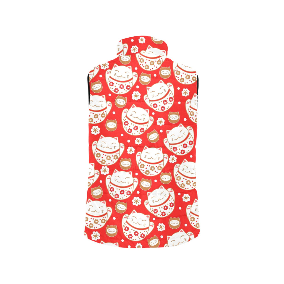 Cute Maneki neko cat red background Men's Padded Vest