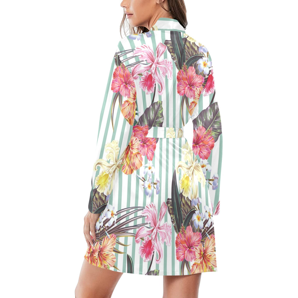 Colorful orchid flower pattern Women's Long Sleeve Belted Night Robe