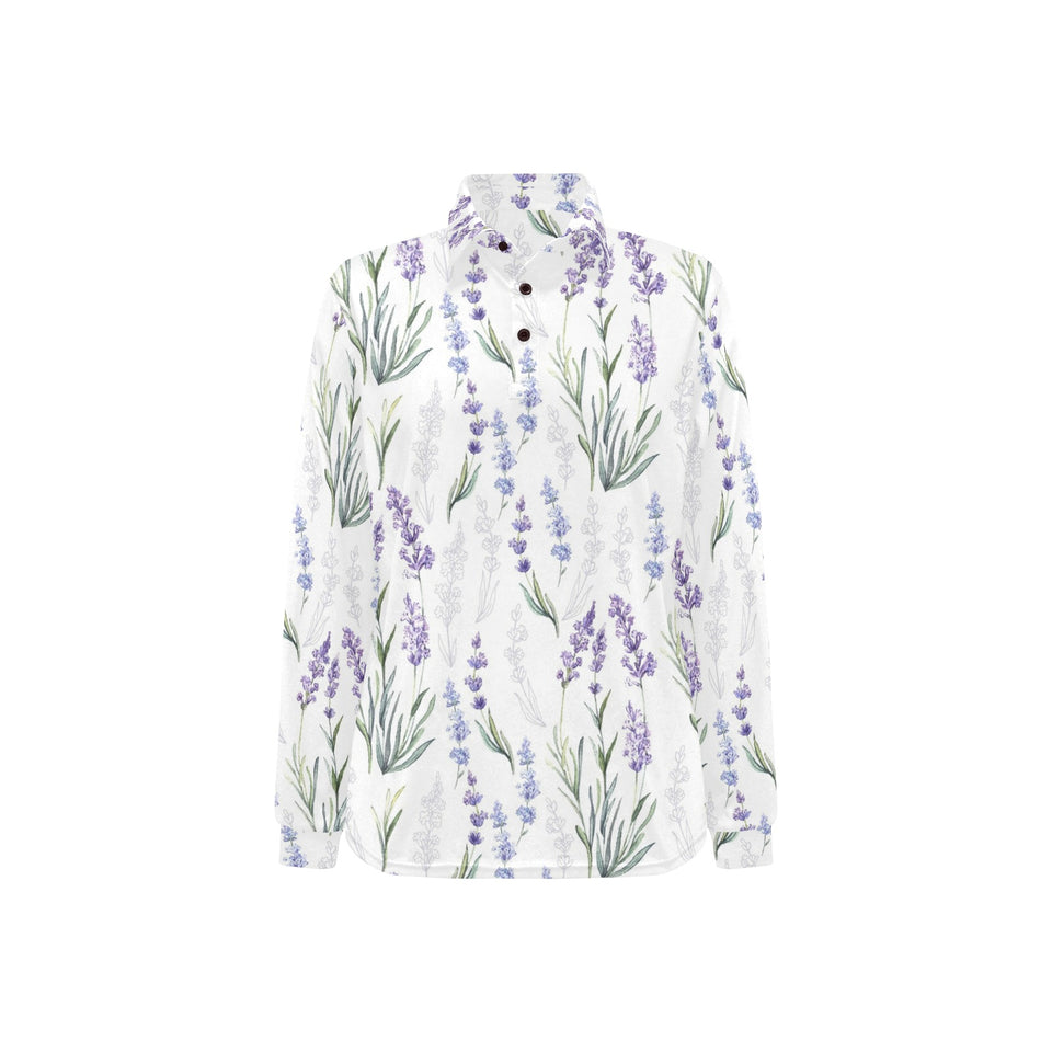 Hand painting Watercolor Lavender Women's Long Sleeve Polo Shirt