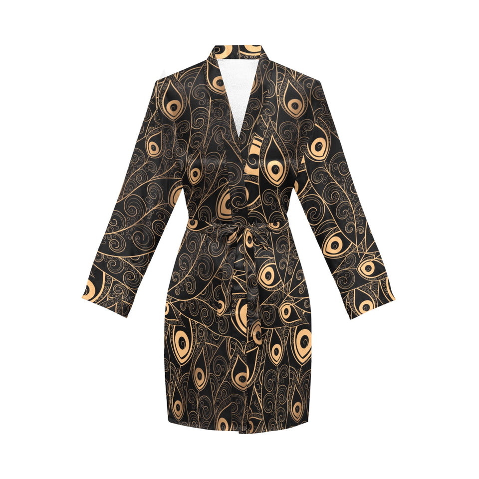 Gold peacock feather pattern Women's Long Sleeve Belted Night Robe