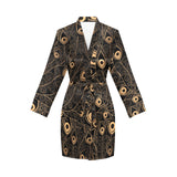 Gold peacock feather pattern Women's Long Sleeve Belted Night Robe