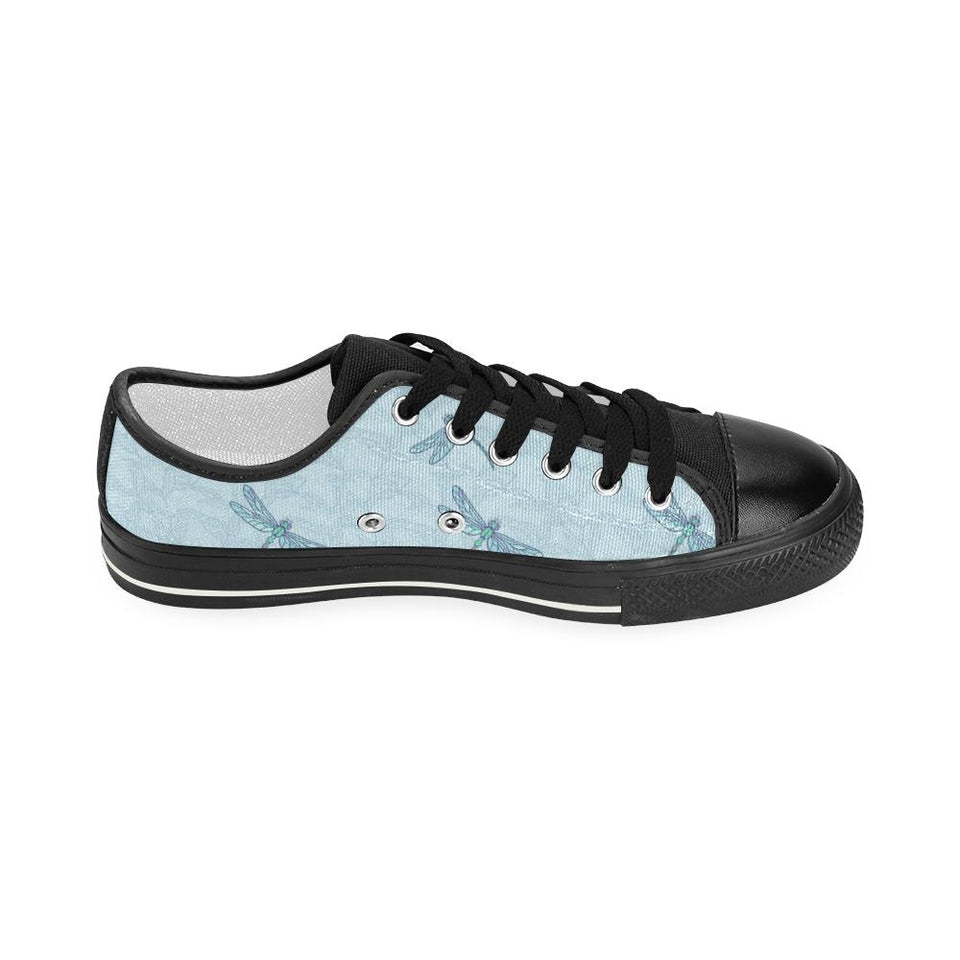 Dragonfly pattern blue background Kids' Boys' Girls' Low Top Canvas Shoes Black