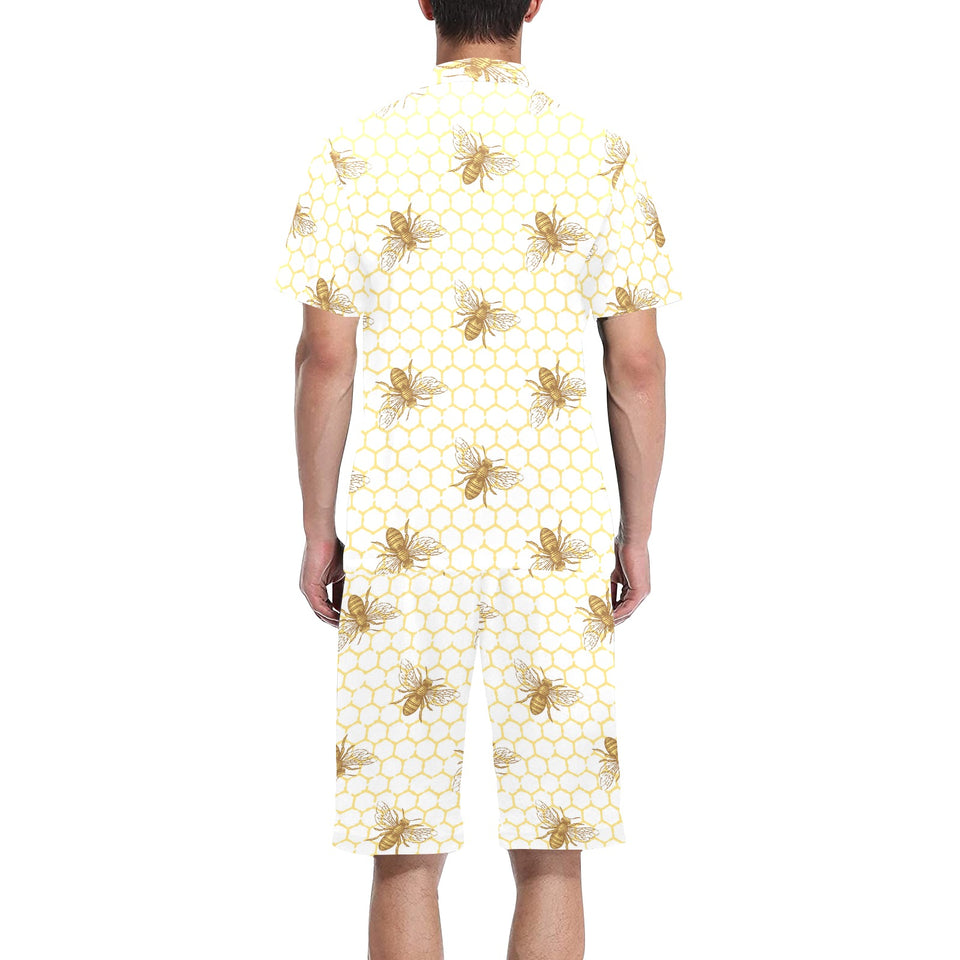 Bee honeycomb seamless design pattern Men's V-Neck Short Pajama Set