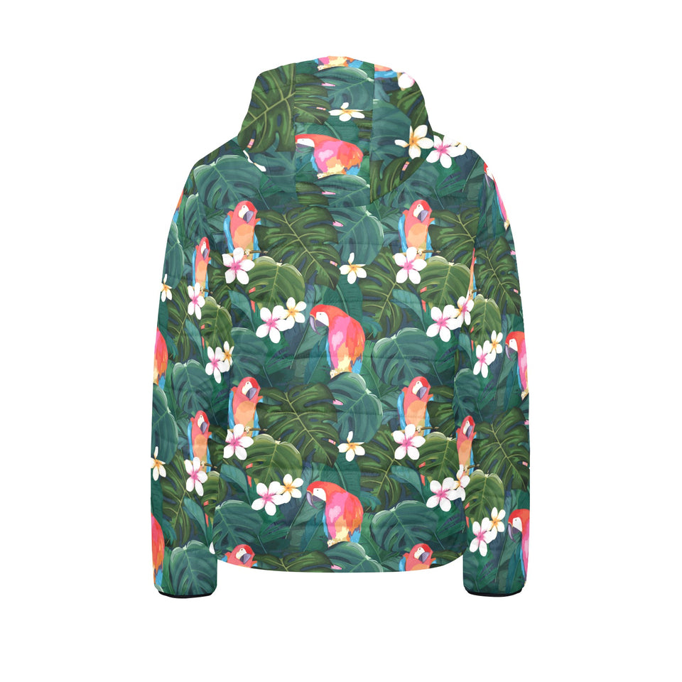 Parrot Palm tree leaves flower hibiscus pattern Kids' Boys' Girls' Padded Hooded Jacket