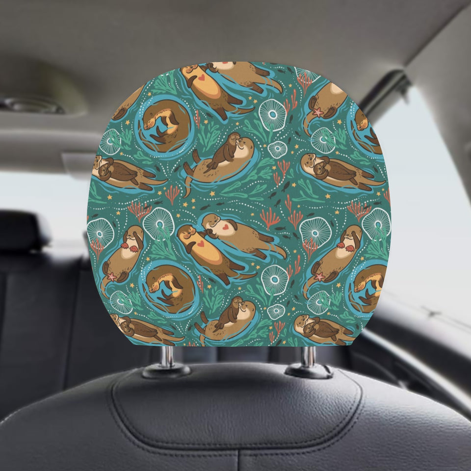 cute brown sea otters ornamental seaweed corals gr Car Headrest Cover