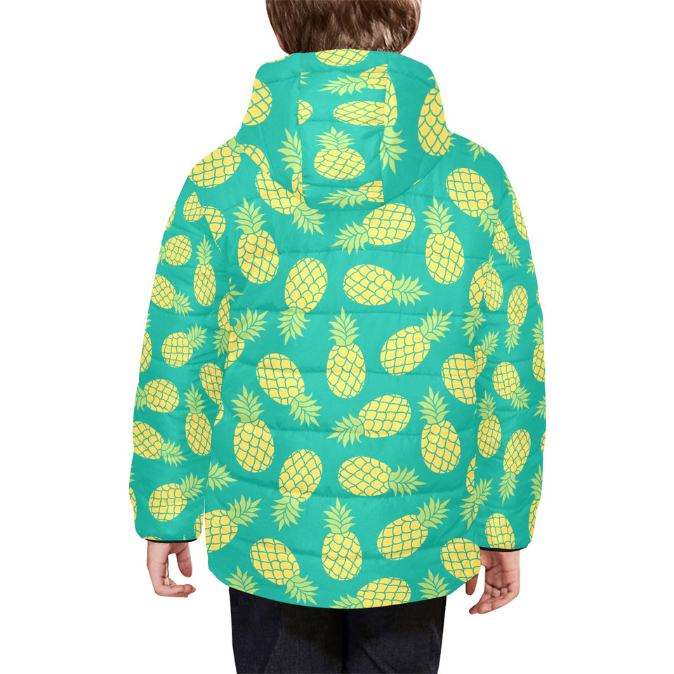 Pineapples pattern green background Kids' Boys' Girls' Padded Hooded Jacket