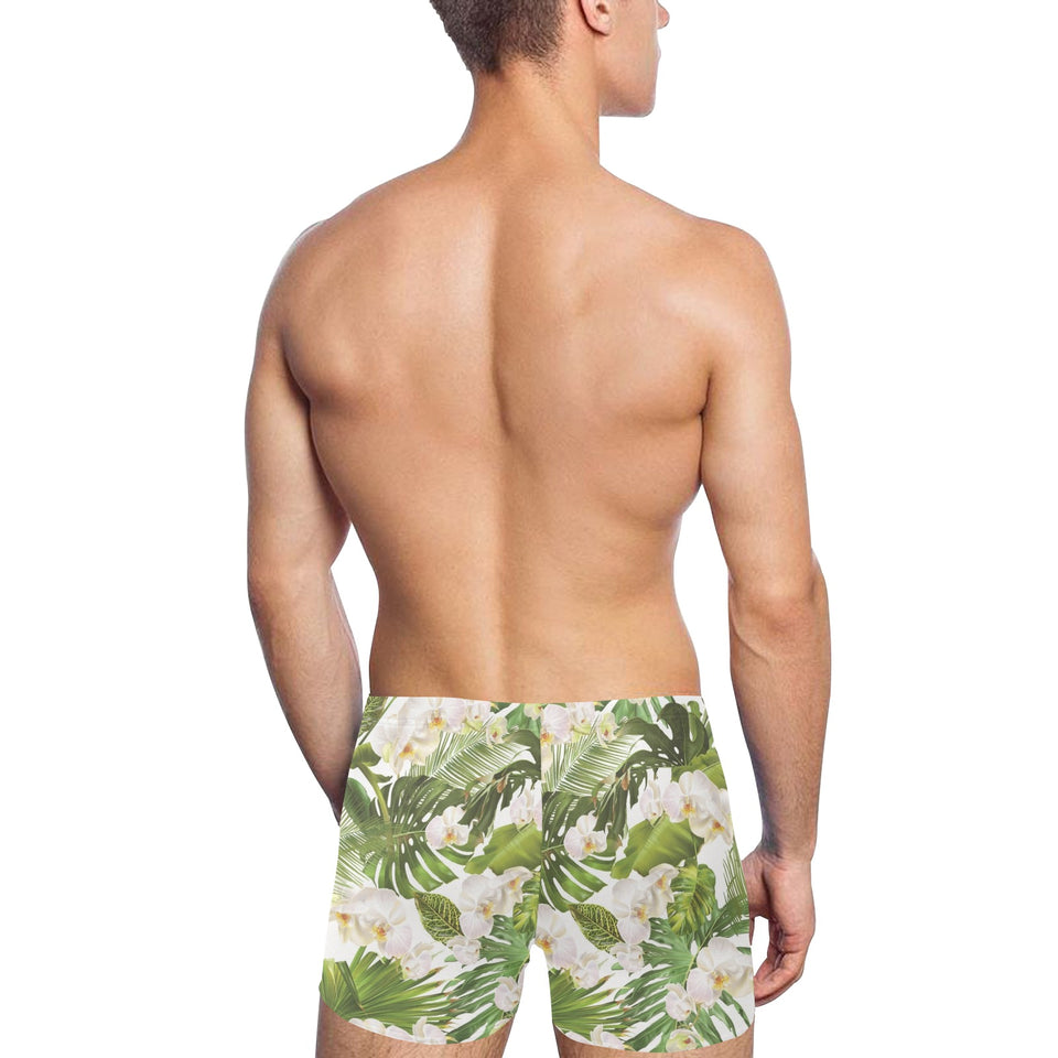 White orchid flower tropical leaves pattern Men's Swimming Trunks